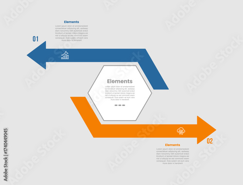 2 elements infographic comparison diagram with hexagon center and arrow line with opposite comparison with 2 step for slide presentation