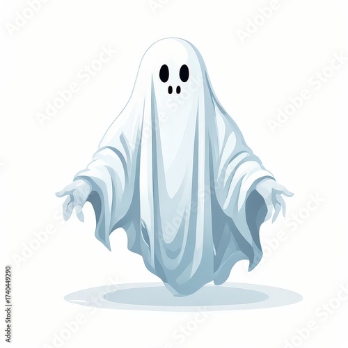 an AI Image Generator, Illustration of a Friendly Ghost in a White Sheet Costume Floating