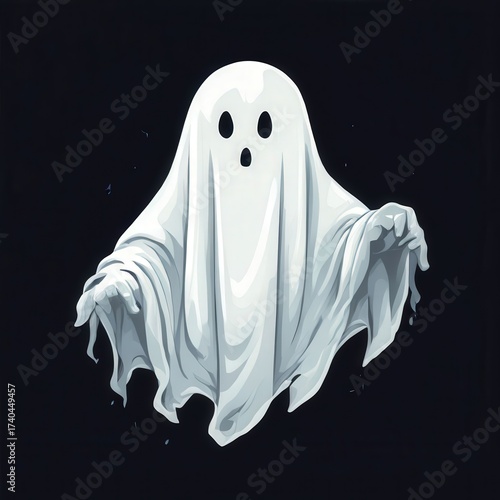 an AI Image Generator, Illustration of a Friendly Ghost in a White Sheet Costume Floating