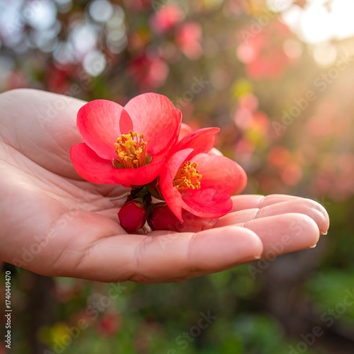Delicate Red Flowers Held in Open Hand with Sunlight.