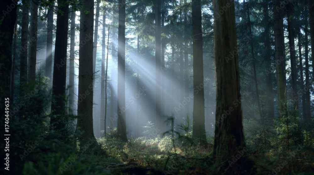 Obraz premium Calm forest morning with mist hanging between the trees under soft light