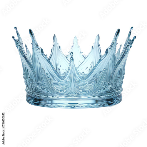Detailed water crown, clear & icy, elegantly sculpted, against a black backdrop