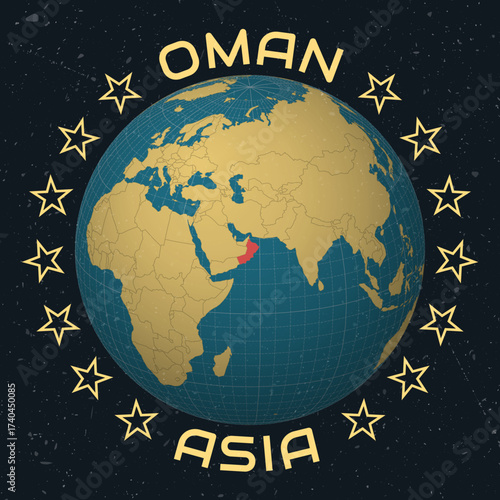 Oman on Globe. Country name round text. Vintage look with grunge scratched texture. Country view on world map in Sky Blue Light Yellow color palette. Oman shape on map. Amazing vector illustration.