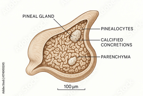 Anatomical illustration of a pineal gland cross-section, detailing pinealocytes, calcified concretions, and parenchyma.