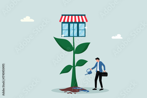 Developing a business or expanding a storefront, business with growing trees, the concept of increasing store revenue, entrepreneurs watering plants with flowers in large stores.