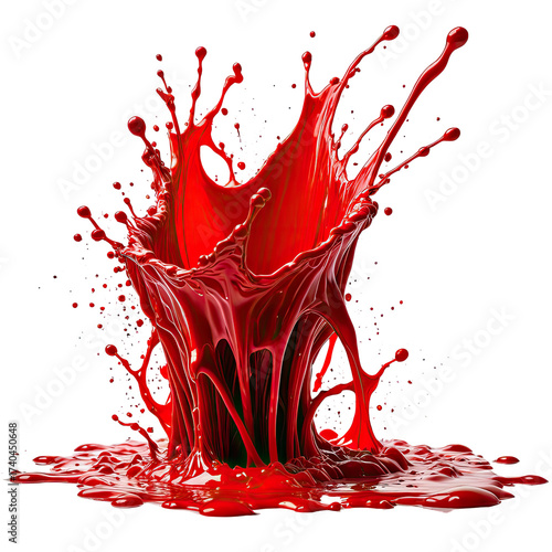 Dramatic red paint splash erupting upwards from a pool, on a black background