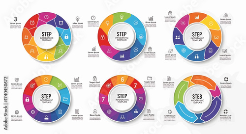 Vibrant infographic templates for business presentations, showing step-by-step processes and data visualization in modern circular designs, perfect for marketing
