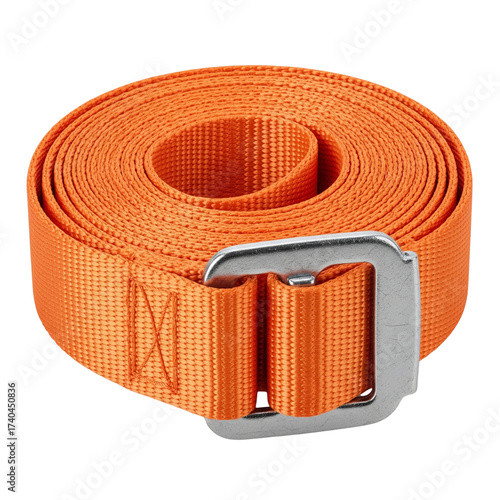 Safety harness strap coiled neatly, isolated transparent background