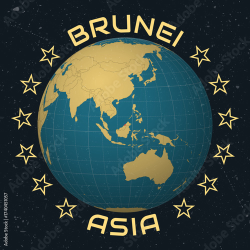 Brunei on Globe. Country name round text. Vintage look with grunge scratched texture. Country view on world map in Sky Blue Light Yellow color palette. Brunei shape on map.