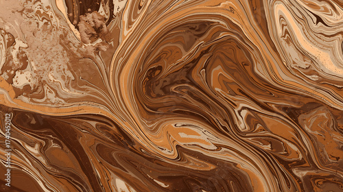 A vibrant, abstract, melted chocolate background with swirling patterns and subtle cocoa powder dust.