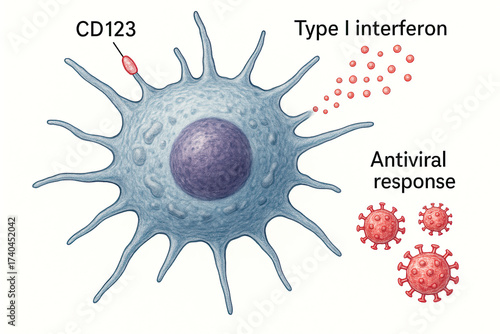 Illustration of a cell with CD123 receptor, releasing Type I interferon to combat viral infection and trigger an antiviral response.