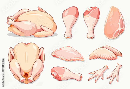A collection of different chicken parts, including wings, legs, and breasts. Concept of abundance and variety in the types of chicken parts available