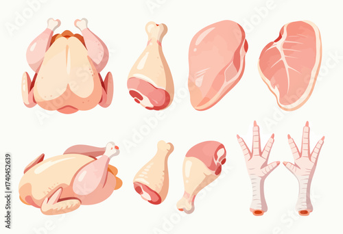 A collection of various meat and poultry items, including chicken, turkey, and chicken wings. Concept of abundance and variety in the selection of meats