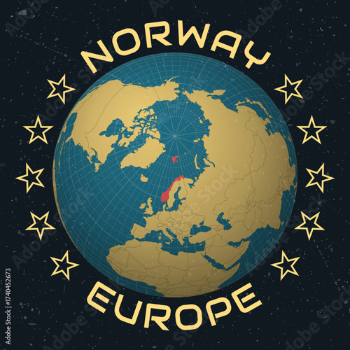 Norway on Globe. Country name round text. Vintage look with grunge scratched texture. Country view on world map in Sky Blue Light Yellow color palette. Norway shape on map.