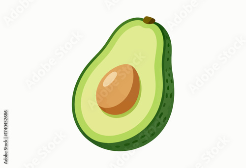 A green avocado with a brown seed in the middle. The avocado is cut in half, revealing the seed