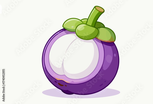 A purple and green fruit with a green stem. The fruit is cut in half and the inside is white