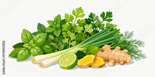 A bunch of herbs and vegetables including parsley, cilantro, and dill. The herbs are piled on top of each other, creating a colorful and vibrant display