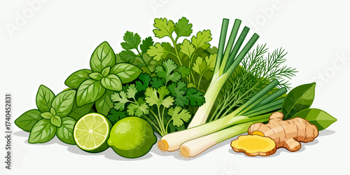 A bunch of herbs and vegetables including parsley, cilantro, and dill. The herbs are arranged in a pile on a white background