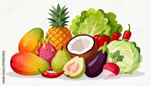 A colorful assortment of fruits and vegetables, including mangoes, pears, radishes, and broccoli