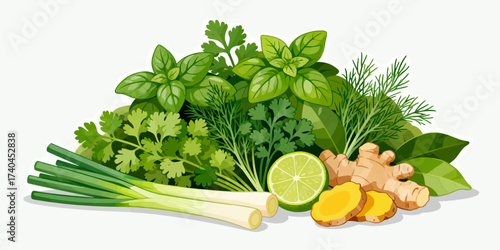 A bunch of herbs and vegetables including parsley, cilantro, and dill. The herbs are piled on top of each other, with some of them cut in half