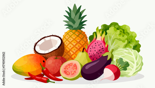 A colorful assortment of fruits and vegetables, including apples, pears, broccoli, and radishes