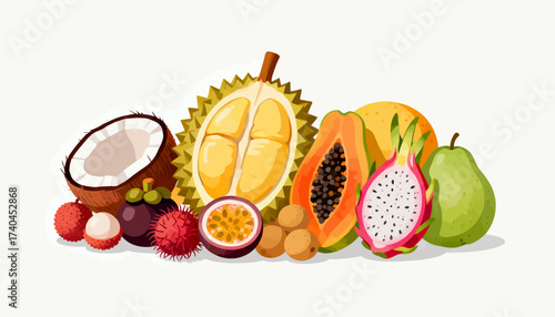 A colorful assortment of fruits and vegetables including a coconut, a durian, a pear, a peach, a pineapple, and a pomegranate