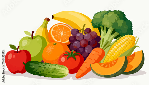 A colorful assortment of fruits and vegetables, including apples, oranges, bananas, grapes, broccoli, carrots, and corn