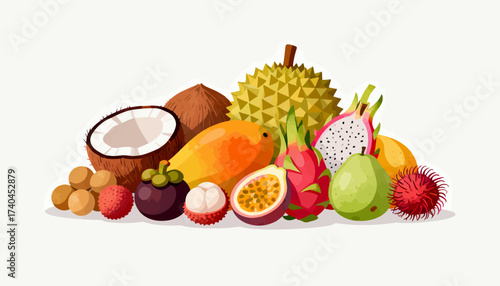 A colorful assortment of fruits and vegetables, including mangoes, coconuts, and dragon fruit