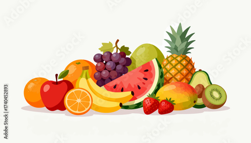 A colorful assortment of fruits including bananas, watermelon, strawberries, and oranges. Concept of freshness and abundance