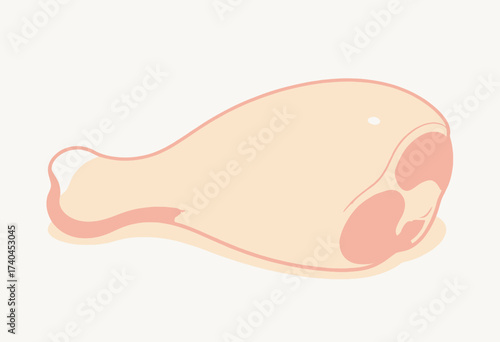 A cartoon of a chicken leg with a pinkish hue. The chicken leg is laying on a white background