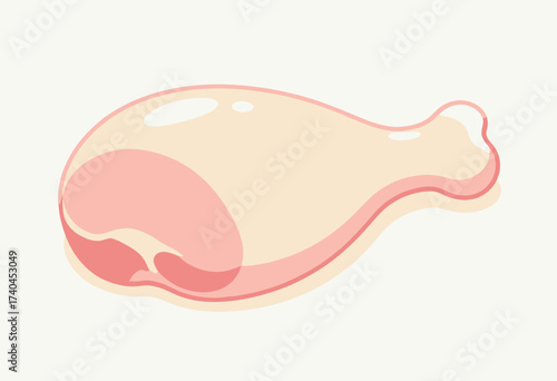 A cartoon drawing of a chicken leg with pink meat. The drawing is in a white background. The chicken leg is shown in a close up, with the meat looking fresh and appetizing. The drawing has a playful