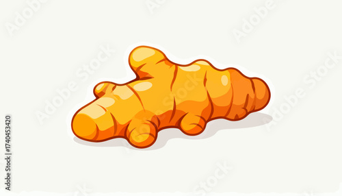 A yellow ginger root is shown on a white background. The ginger root is sliced and has a slightly curved shape
