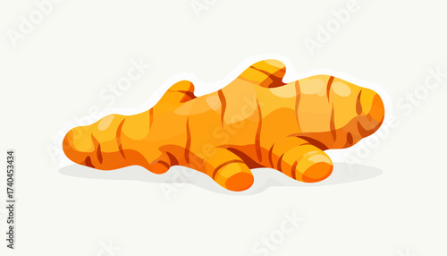 A piece of ginger root is shown in a cartoon style. The ginger root is yellow and has a slightly curved shape