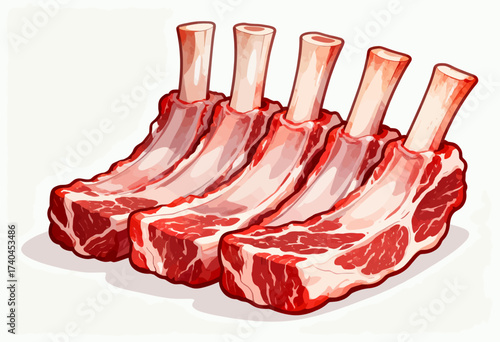 A close up of a rack of ribs with the bones showing. The ribs are cut into pieces and are displayed on a white background