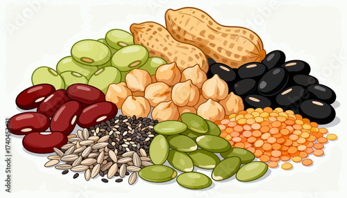 A colorful assortment of nuts, beans, and seeds. Concept of abundance and variety, showcasing the many different types of healthy foods available