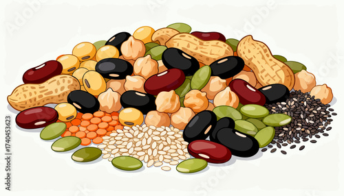 A colorful assortment of nuts, seeds, and beans are piled on top of each other. Concept of abundance and variety, as well as the idea of a healthy and nutritious snack