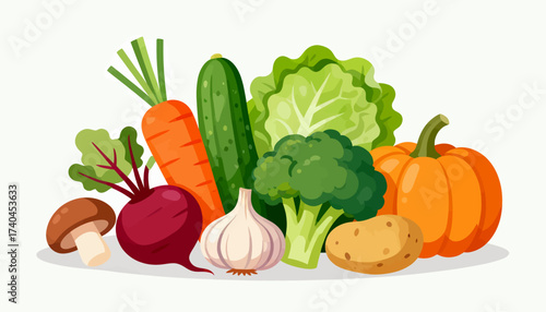 A colorful assortment of vegetables including carrots, broccoli, and squash. Concept of freshness and health, as well as the abundance of nature's bounty