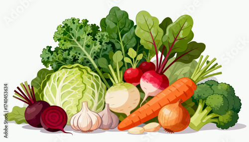 A colorful assortment of vegetables including carrots, radishes, and onions. Concept of freshness and abundance, showcasing the variety of healthy foods available
