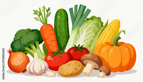 A colorful assortment of vegetables including carrots, broccoli, tomatoes, potatoes, onions, and mushrooms. Concept of abundance and freshness, showcasing the variety of healthy foods available