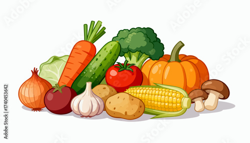 A colorful assortment of vegetables including carrots, broccoli, potatoes, and mushrooms. Concept of abundance and freshness, showcasing the variety of healthy foods available