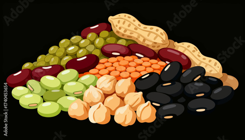 A pile of various colored beans and nuts. The beans are black, green, and red. The nuts are peanuts and cashews