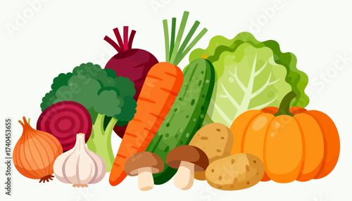 A colorful assortment of vegetables including carrots, onions, and squash. Concept of abundance and freshness, showcasing the variety of healthy foods available