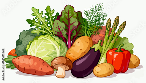 A colorful assortment of vegetables including carrots, asparagus, broccoli, and mushrooms. Concept of freshness and abundance, showcasing the variety of healthy foods available