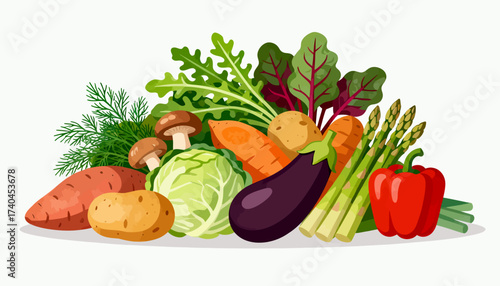 A colorful assortment of vegetables including carrots, asparagus, broccoli, and mushrooms. Concept of freshness and abundance, showcasing the variety of healthy foods available