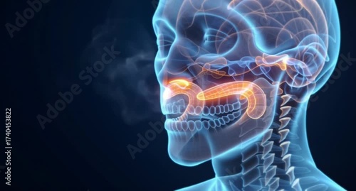 Human head anatomy showing sinus passages and breath exhalation process