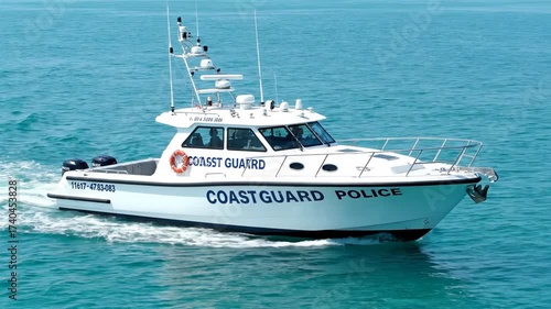 Coast Guard Police Patrol Boat Navigating Blue Ocean Waters.