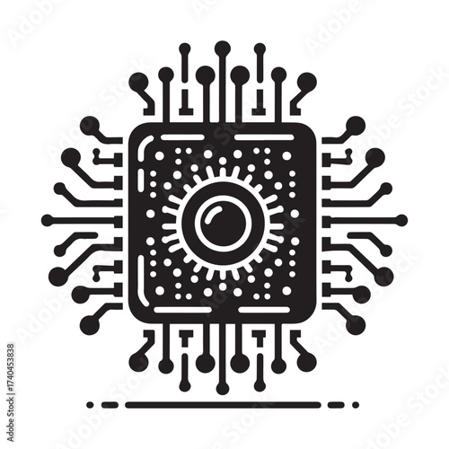 Black and white graphic of a central processing unit with intricate internal design and radiating circuit board elements on a white background