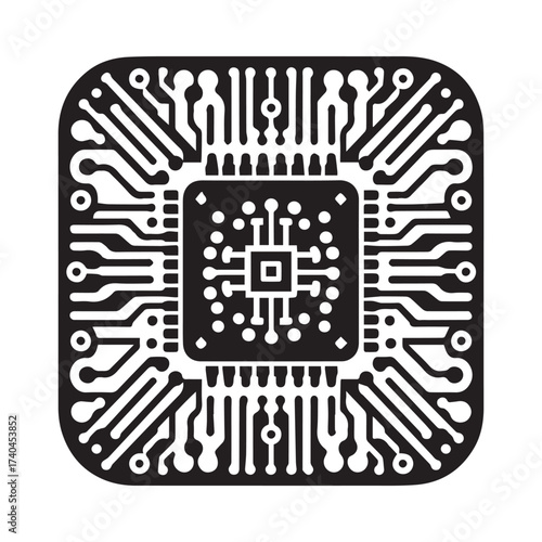 Black and white graphic of a square computer chip with intricate circuit board patterns radiating outwards