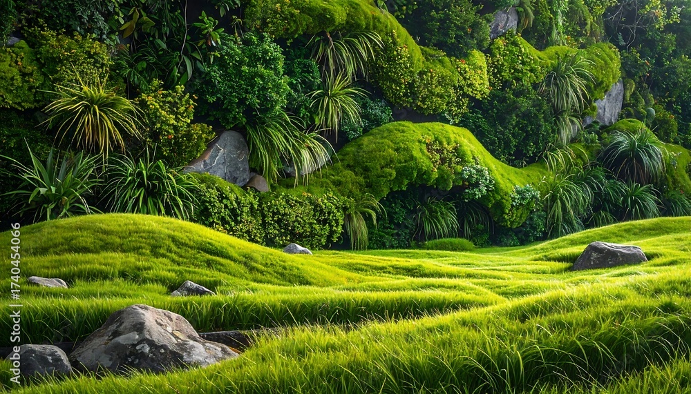 Fototapeta premium Lush grass and rock display