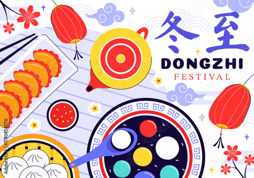 Dongzhi Festival Translation. Winter Solstice Festival Illustration Featuring Traditional Chinese Foods Tangyuan and Jiaozi in a Cultural Background